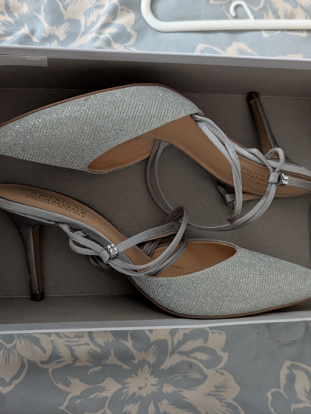 Badgley Mischka Silver Glitter Pointed-Toe Ankle-Strap Heels